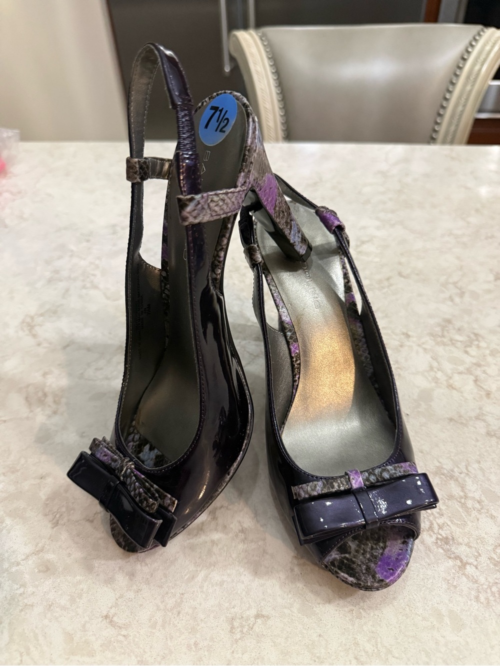 Tahari Women’s Purple Patented Leather Slingback Heels with Bow Detail